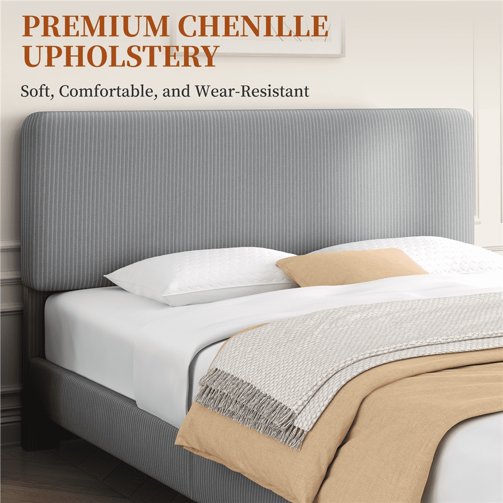 FullFurnique Upholstered Platform Bed Frame with Wooden Slat Support, Queen, Light Gray