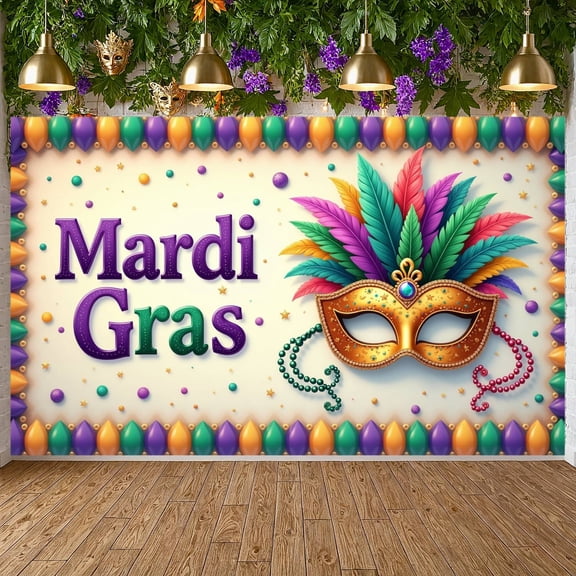 Colorful Feathers Mardi Gras Banner Gold Mask Carnival Display Bead Decoration Star Confetti Festive Backdrop for Mardi Gras Party Carnival Celebration Masquerade Ball