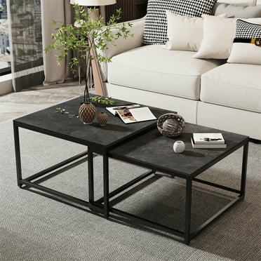 Wisfor Set of 2 Square Coffee Tables Living Room Nesting End Side Tables, Black Stoned Top, Metal Frame