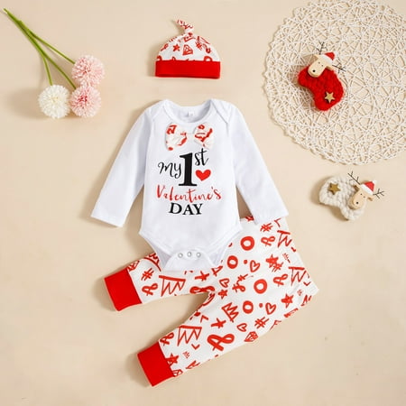 

Augper Baby Girl Clothes Long Sleeve Fall Winter Clearance Toddler Kids Girls Valentine s Day Cute Love Heart Print Long Sleeve Bow Ruffle Pants Hat Set