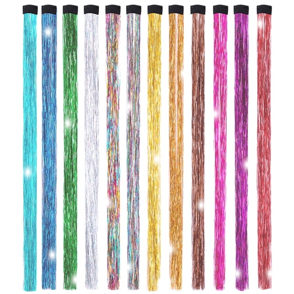 12 Colors Clip On Glitter Hair Tinsel Extensions, 19.7" Clip In Hair Fairy Tinsel Kit, Reusable Sparkle Hair Accessories For Women & Girls