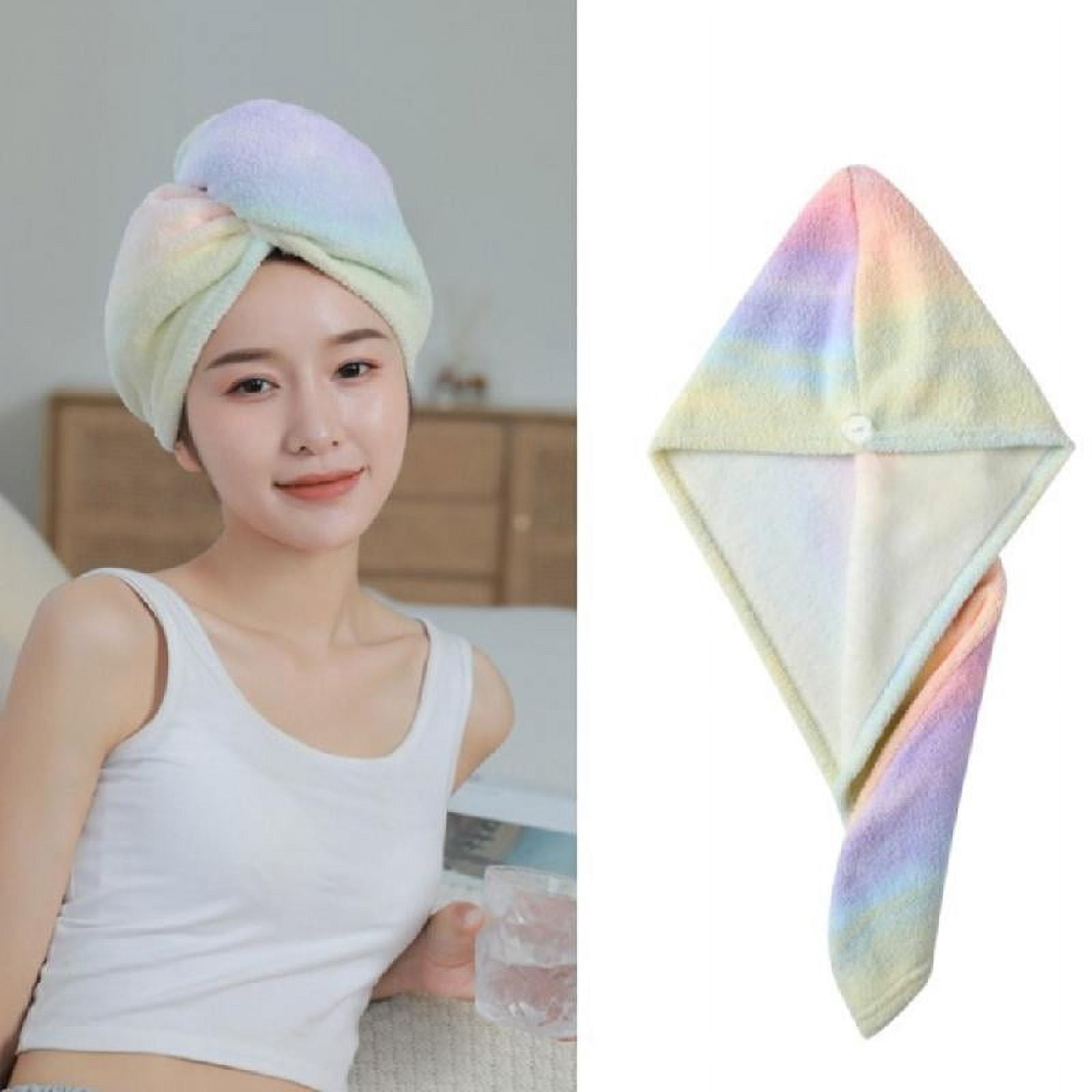 Yammee 3pcs Women Bath Towel Wrap Set Rainbow Striped Shower Bathrobe Hair Cap Headband
