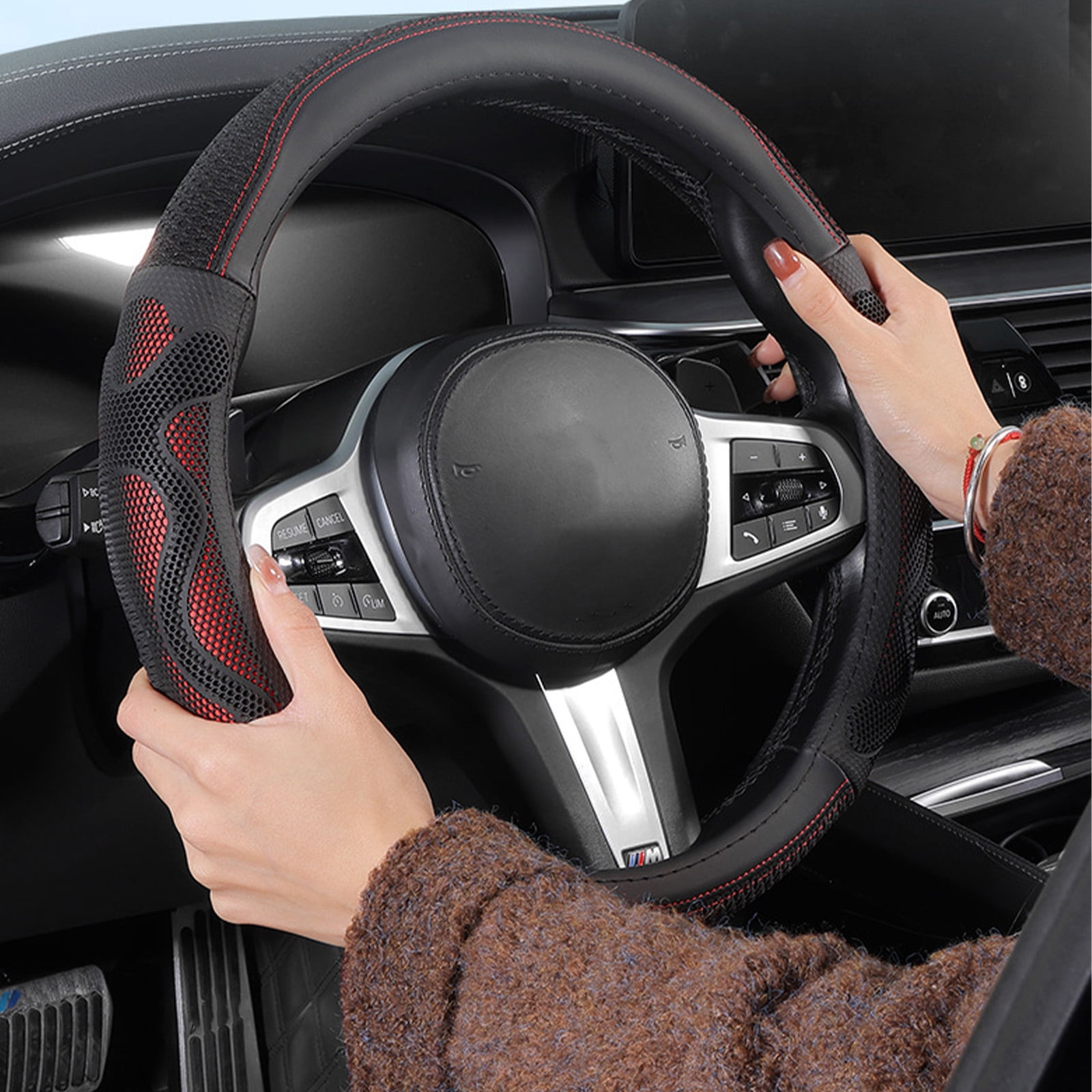 Car Steering Wheel Cover Wheel Cover Protector, Anti-Slip Breathable Full Surround Universal Car Accessory For Honda Crider Accord CR-V Civic Vezel-[Black red and blue lines]Nappa leather