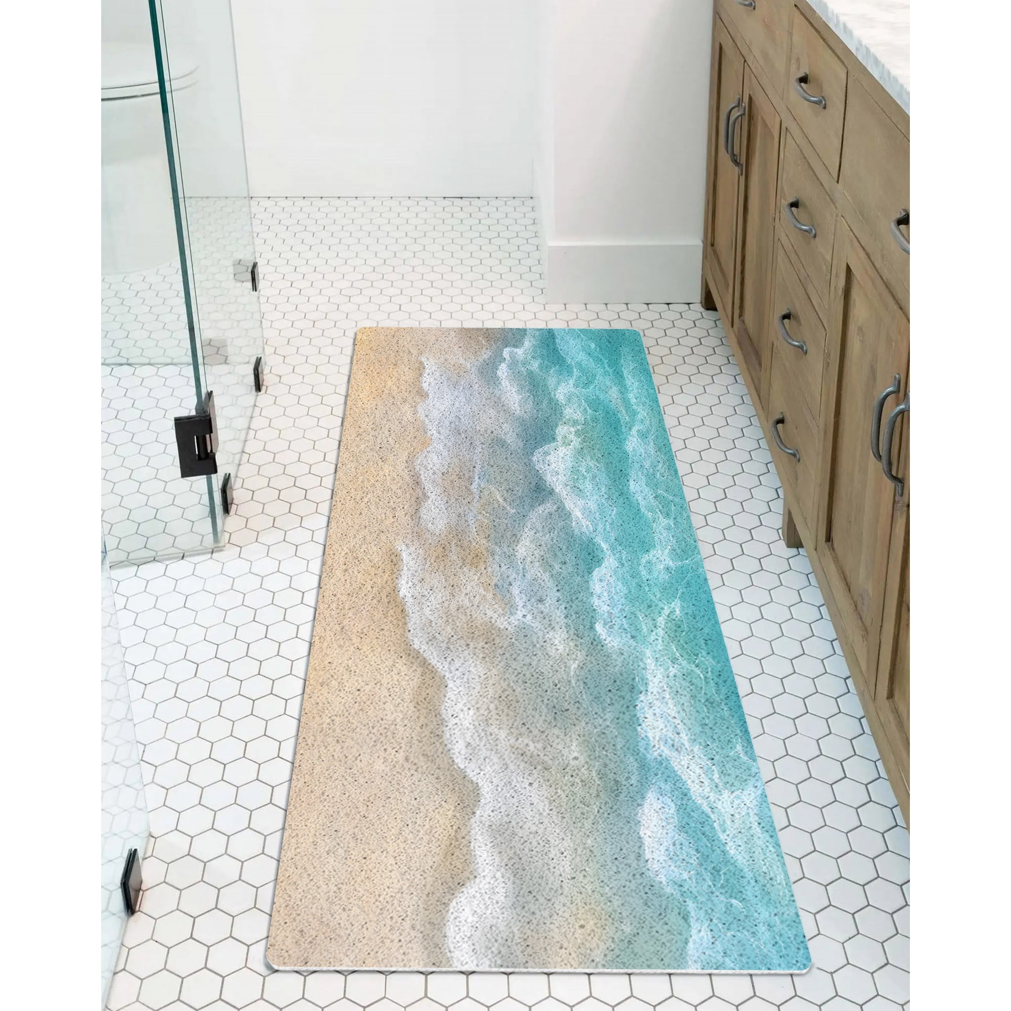 Summer Coastal Non-Slip Bathtub Mat, Teal Beach Ocean Wave PVC Bath Mat for Tub Quick Drying Shower Mats for Inside Shower, Foot Scrubber Loofah Bathroom Mats 47x16 Inches