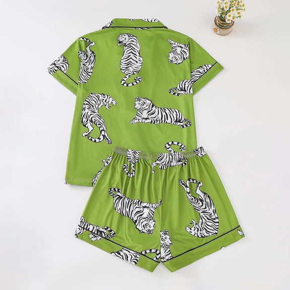Trendfront Womens Relaxed 2 Piece Pajama Set Notched Collar Button Front Short Sleeve Top Elastic Waist Shorts Zebra Print Sleepwear Loungewear