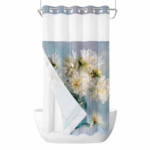 No Hook Spring Flowers Shower Curtain with Snap in Liner Set, Modern Farmhouse Oil Painting Floral Waterproof Fabric Bathroom Curtains with See Through Top Window, Hotel Style Small 36 x 72 Inch