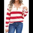 thumbnail image 3 of Suéter de Rayas con Cuello en V para Mujer, Jersey de Punto Holgado de Larga, Tops de Otoño. Rojo XL, 3 of 10