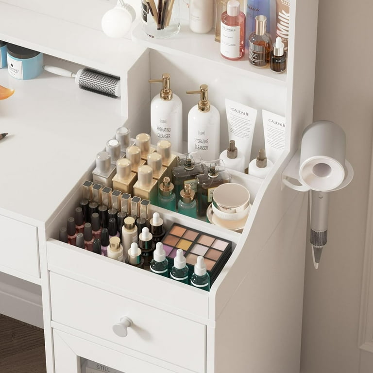 Tavolo Da Trucco Vabches Con Specchio LED E Sgabello - 3 Tonalità Luce, 10 Lampadine, 2 Cassetti, Prese USB E Ricarica - Design Bianco E Oro - 3