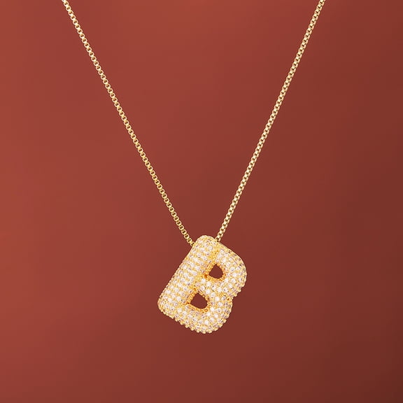 1pc Brass Micro Pave Clear Cubic Zirconia Initial Necklaces for Women Golden Letter B 15.75 inch(40cm)
