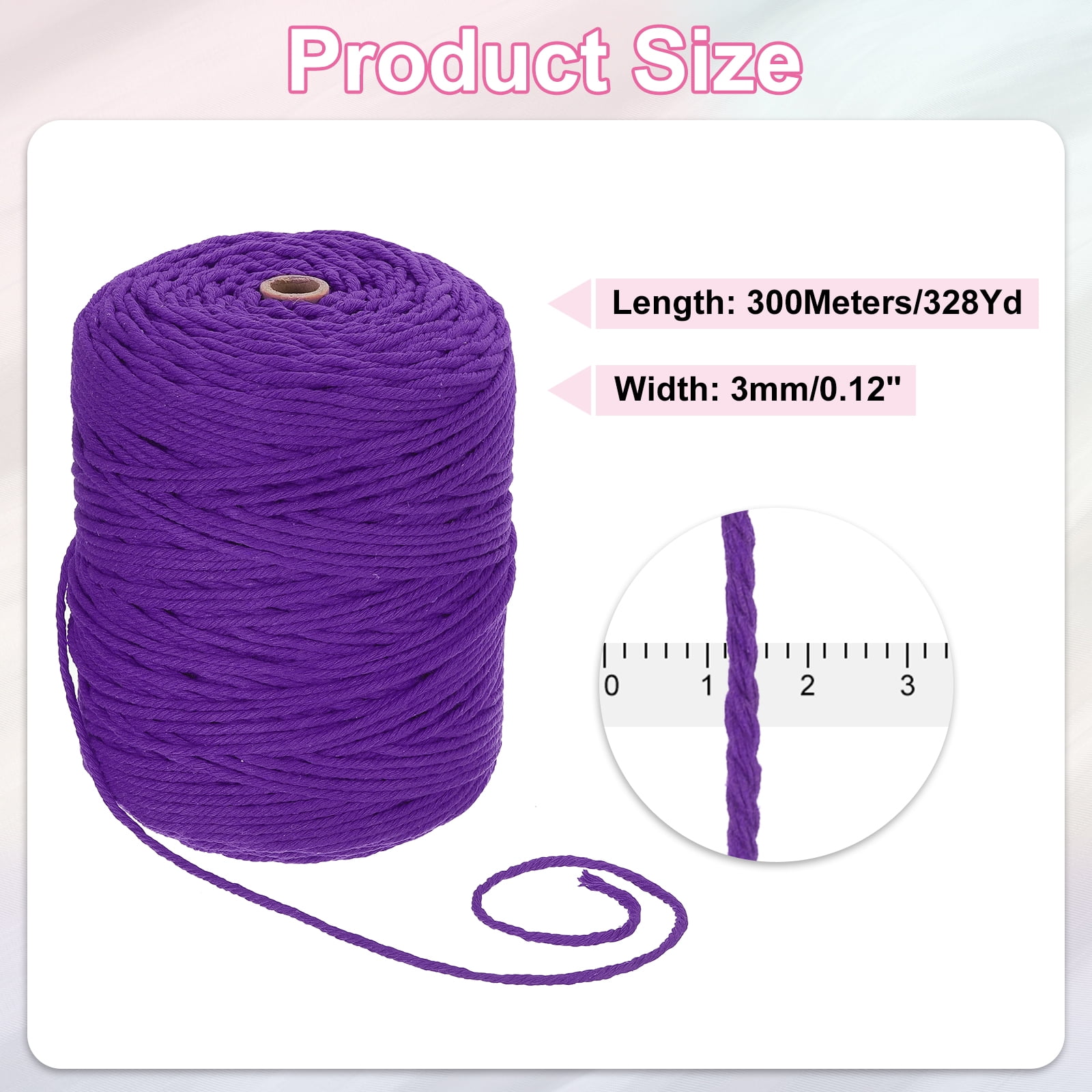 Uxcell Natural Macrame Cord 3mm x 328 Yards 4 Strand Twisted Cotton Macrame Rope for DIY Knitting Plant Wall Hanger Dreamcatcher, Deep Purple