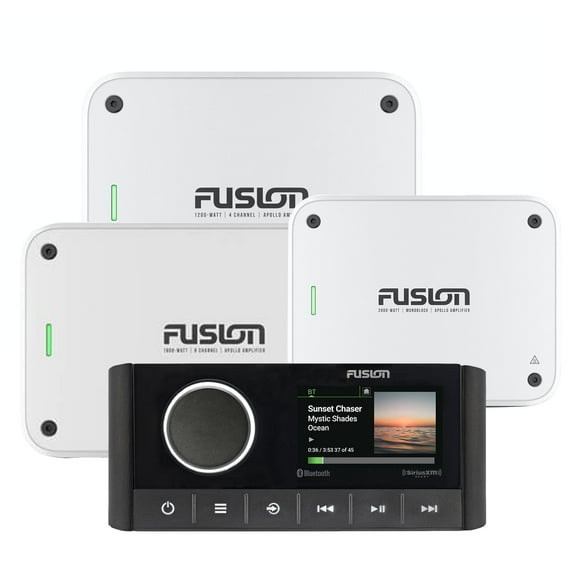 Fusion MS-RA670 Apollo Marine Entertainment System With Fusion MS-AP61800 Apollo 6 Channel, MS-AP41200 4 Channel, and MS-AP12000 Mono Amplifiers