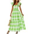 thumbnail image 4 of TRKIYQC Vestido bohemio para mujer, estilo casual, a cuadros, con un cuello sin tirantes, plisado, para playa, fiesta, vestido de sol TRKIYQC  Moda，ocio, 4 of 9
