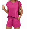 thumbnail image 4 of Womens Crew Neck Two Piece Short Sets Cap Sleeve Drawstring Summer Sweatsuit with Pocket Rose Red L, 4 of 9
