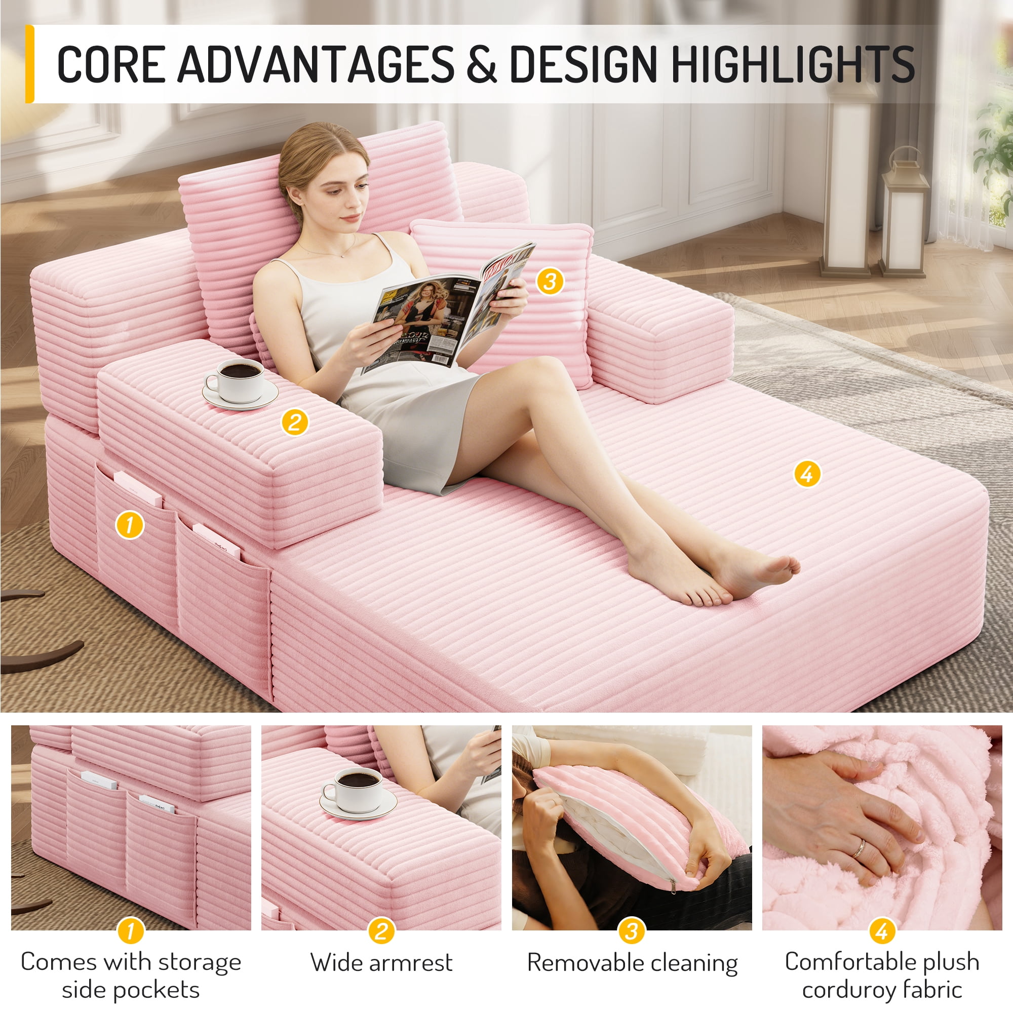 Avobird Luxury Plush Corduroy Chaise Lounge, Convertible Sofa Bed with Storage Pocket, Frameless Design, Specially Designed for Small Spaces and Apartments (Baby Pink)