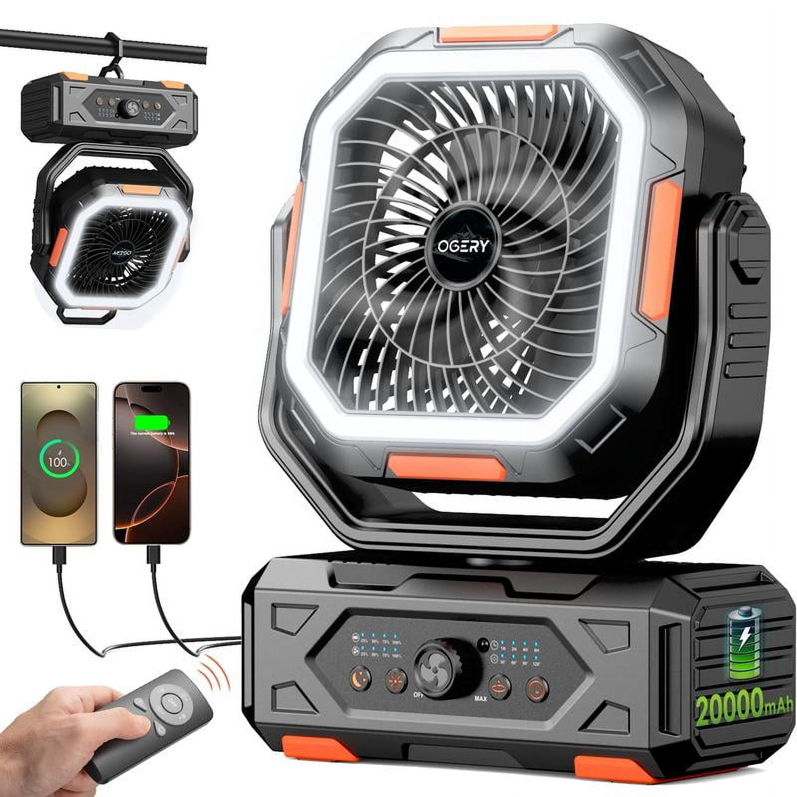 OGERY 2025 Upgraded Camping Fan, 20000mAh Rechargeable Fan with LED Lights & 270° Pivot, Remote Control Shaking Head Desk Fan for Tent Travel Home Multifunction Outdoor Activities