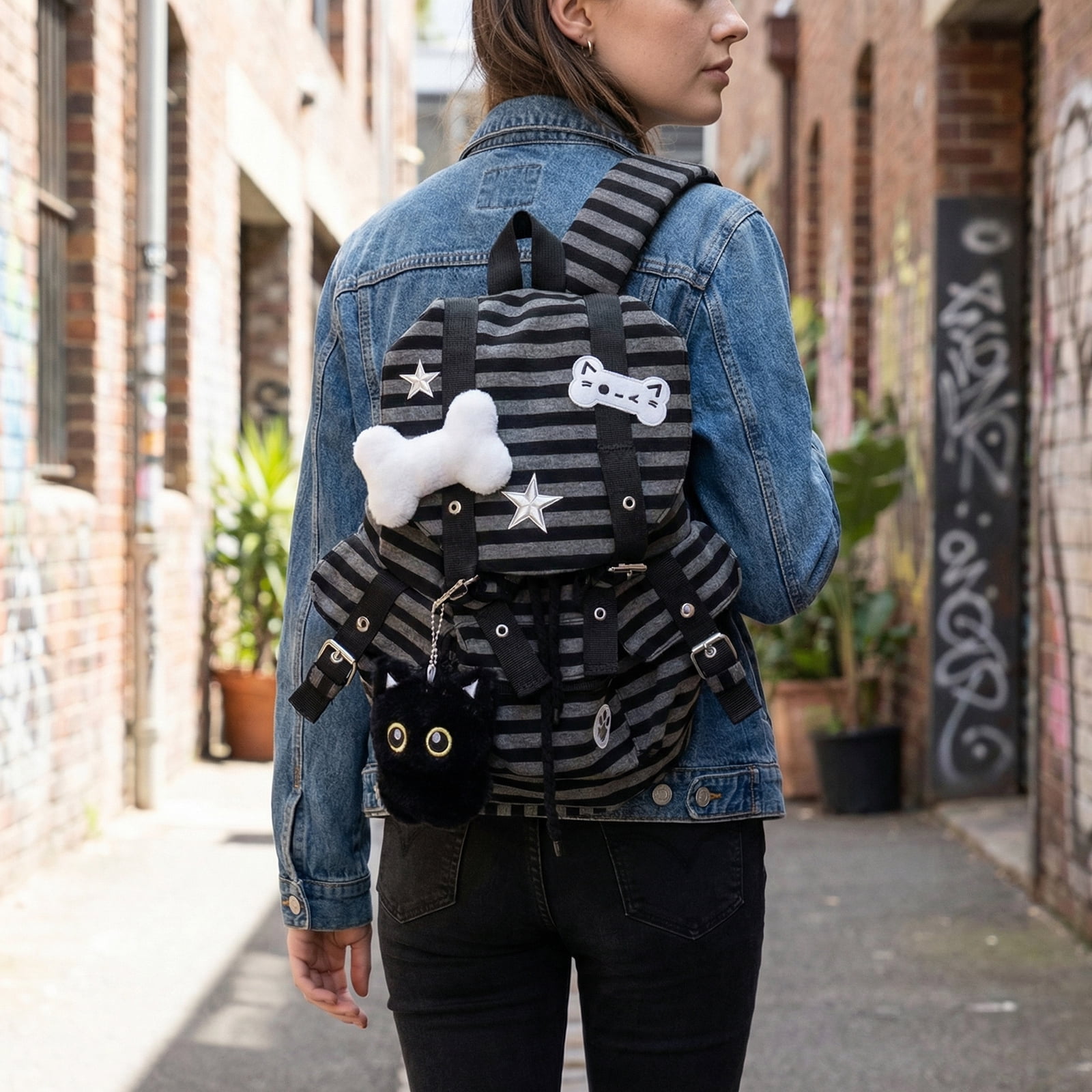 HUISZJ Striped Backpack, Large Capacity Vintage Stripe Bookbag, Multi-Pocket Cute Cat Rucksack for Travel Work School (Black)