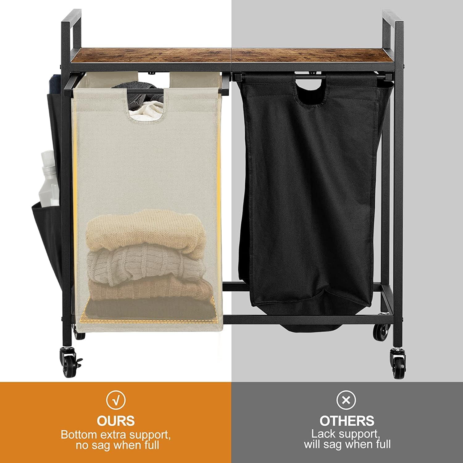 Double Laundry Hamper with Lid,Rolling Laundry Basket Organizer with Wheels, Iron-Made Laundry Sorter with Top Shelf and 2 Removable Bags,Large Clothes Storage for Room,Black and Beige