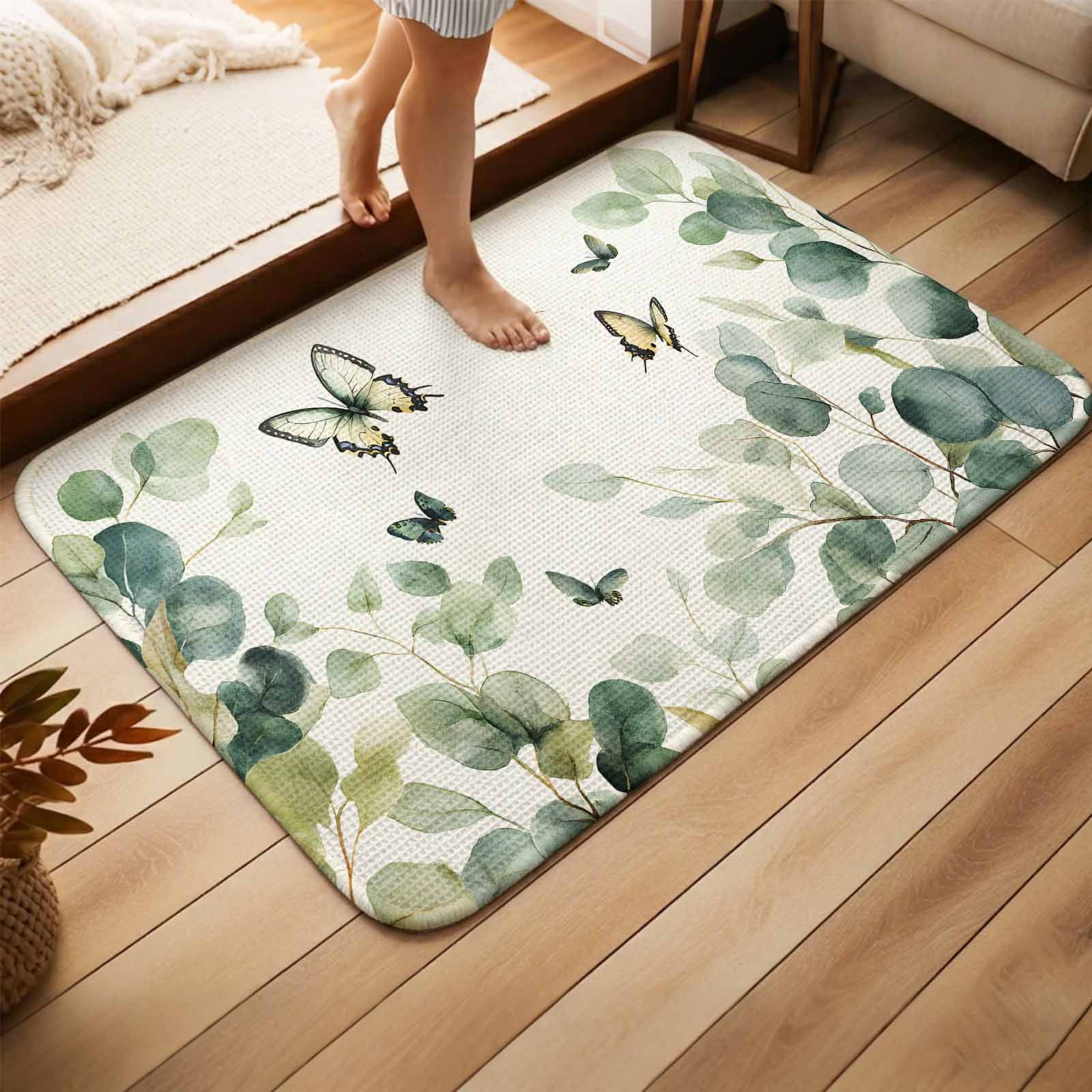 Spring Gradient Eucalyptus Leaf Door Mat,Indoor Outdoor Welcome Doormat Country Elegant Butterfly Absorbent Linen Front Door Mats Non-Slip Entrance Rug for Kitchen Bathroom Entryway,20x31in
