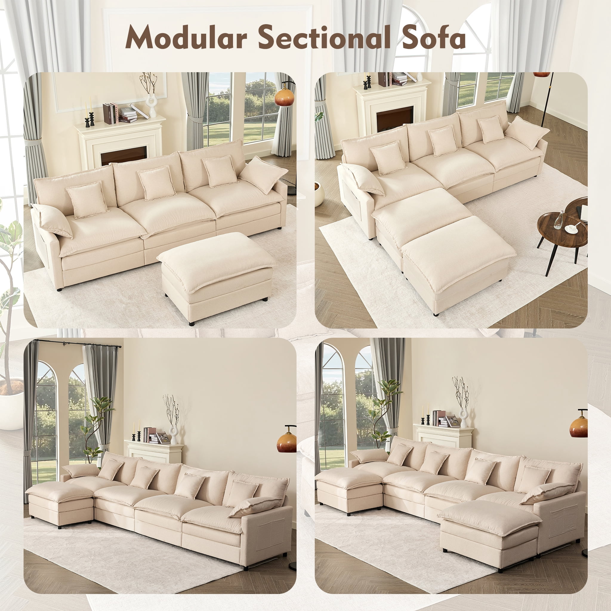 Bigsyy 3 - Seat Sectional Sofa Couch, Comfy Cloud Style, Deep Seat, Sleeper Function with Throw Pillows. Ideal for Adult - Occupied Living Rooms, Modern Design, Cozy Beige