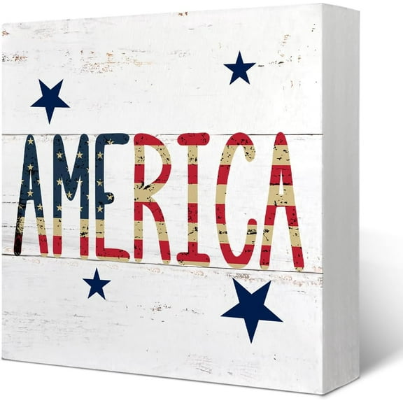5x5 IN 4th of July Decor - Patriotic Decorations for the Home, Rustic American Patriotic Wooden Box Sign Desk Decor, Independence Day Decoration, Tray Decor Item, Patriotic Signs