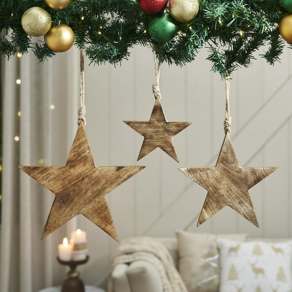 VHC Brands Distressed Dark Wooden Star Ornament Set of 3 - 5.5/8/10 inch