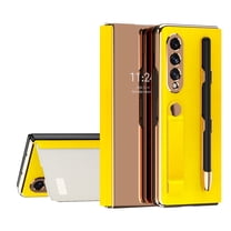 Galaxy Z Fold 3 5G Case with Removable S Pen Pocket, Dteck Slim Leather Hybrid Mirror Surface Kickstand Cover with Portable Strap for Samsung Galaxy Z Fold3 5G, Yellow