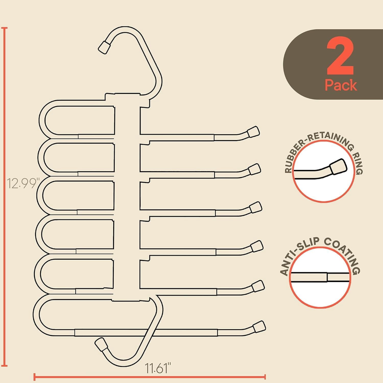 Black Space Saving Pants Hangers 2 Pack, 6 Layer Jeans Hangers and Closet Organizer for Jeans, Scarves, Skirts, Multi-Layer Hanger with Anti-Slip Coating & Stopper, Stainless Steel