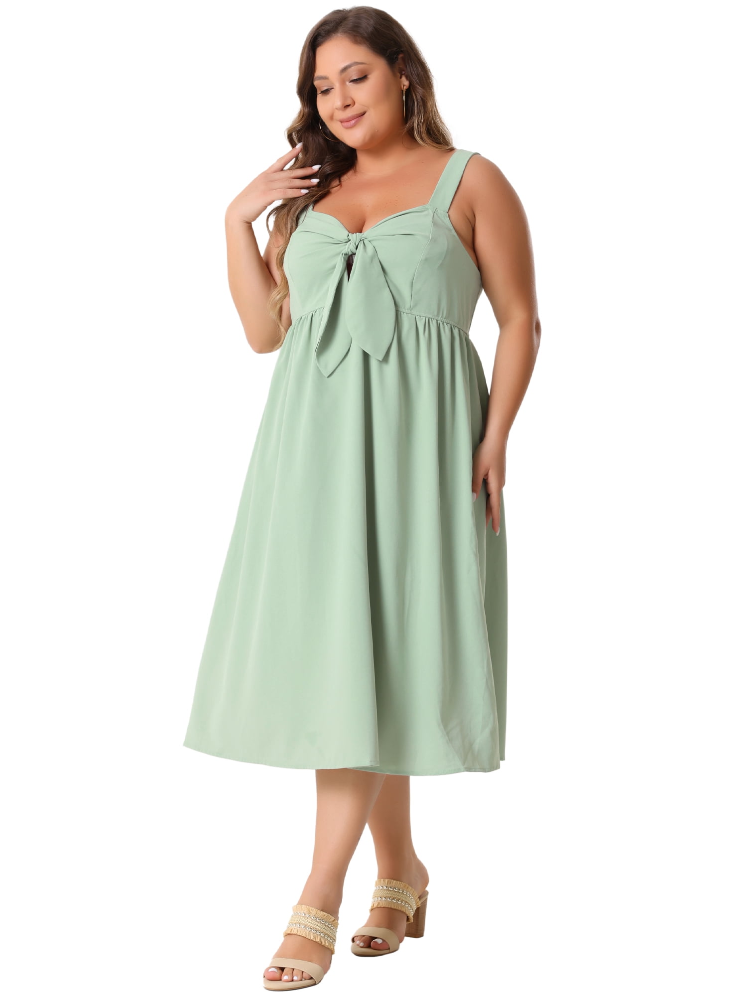 DARING DIVA Plus Size Cute Bow Flowy Back Smocked Midi Cami Dress 1X Green
