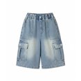 thumbnail image 3 of Kids Unisex Elastic Waist Cropped Denim Pants Boys Girls Casual Loose Fit Capri Jeans for School, 3 of 6