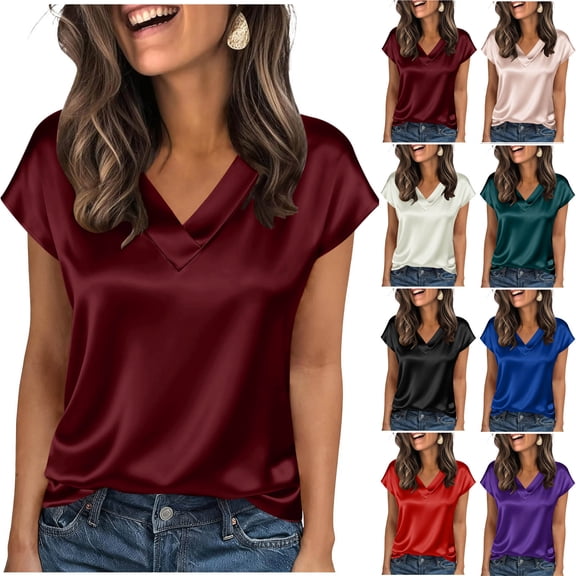T Shirts for Women Short Sleeve V Neck Silk Satin Tops Loose Fit Shirts Tee Solid Color Blouse Women's Top