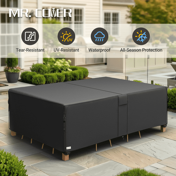 MR. COVER Patio Furniture Cover Waterproof, 600D Heavy Duty Outdoor Sofa and Table Set Cover, Rectangular Sectional Couch Protector, Windproof and Snowproof, 90"W x 64" Dx 28"H, Black
