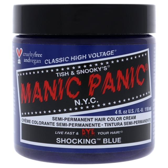 manic panic color de pelo color de cabello clásico de alto voltaje - azul impactante 4 oz manic panic manic panic color de pelo 4 oz Tarro frontal de tinte semipermanente 'Shocking Blue' con tapa negra y etiqueta azul/negra con logo rojo 'MANIC PANIC' y texto en blanco; envase de 4 oz (118 ml). Color azul oscuro con matices morados según la etiqueta; a menudo se utiliza para añadir reflejos azul oscuro o en tonos creativos de estilismo.
