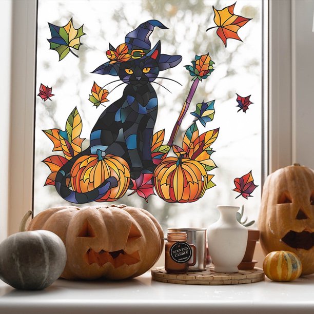 Calcomanías para ventanas de Halloween y otoño de Donemore, calcomanías decorativas de calabaza y hoja de arce de gatito negro otoñal, decoración para la sala de estar, el hogar y la cocina con