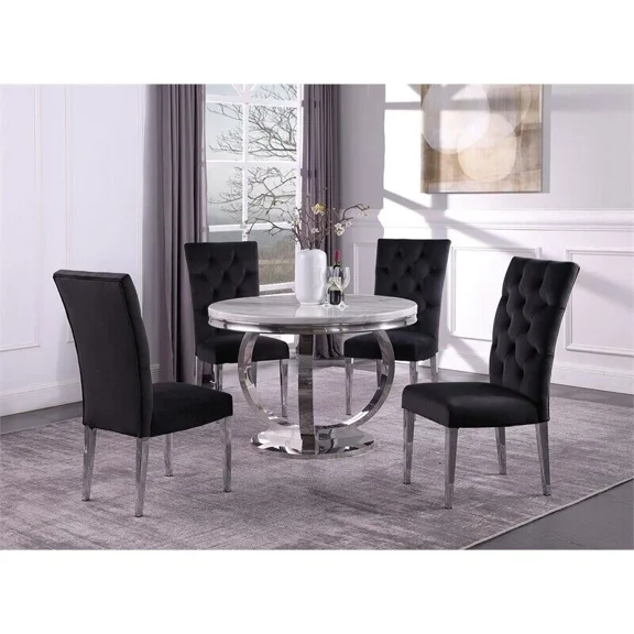 Modern Faux Marble 5-Piece Dining Set, 44" Round Dining Table with Velvet Tufted Side Chairs, Chrome Frame, Black