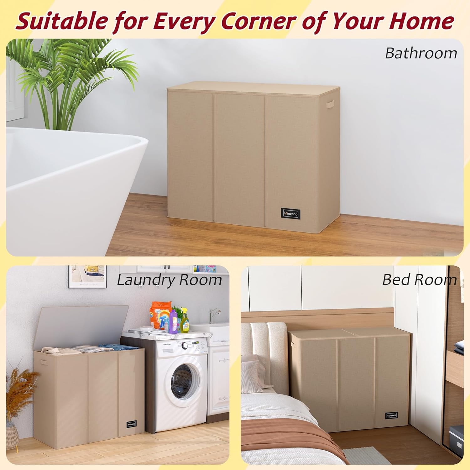 Uni 195L Laundry Hamper 3 Section,Large Laundry Hamper with Lid,Dirty Clothes Hamper with 3 Inner Bags,Collapsible Laundry Basket Organizer for Laundry Room,Bedroom,Laundry Sorter Hamper 3Compartment