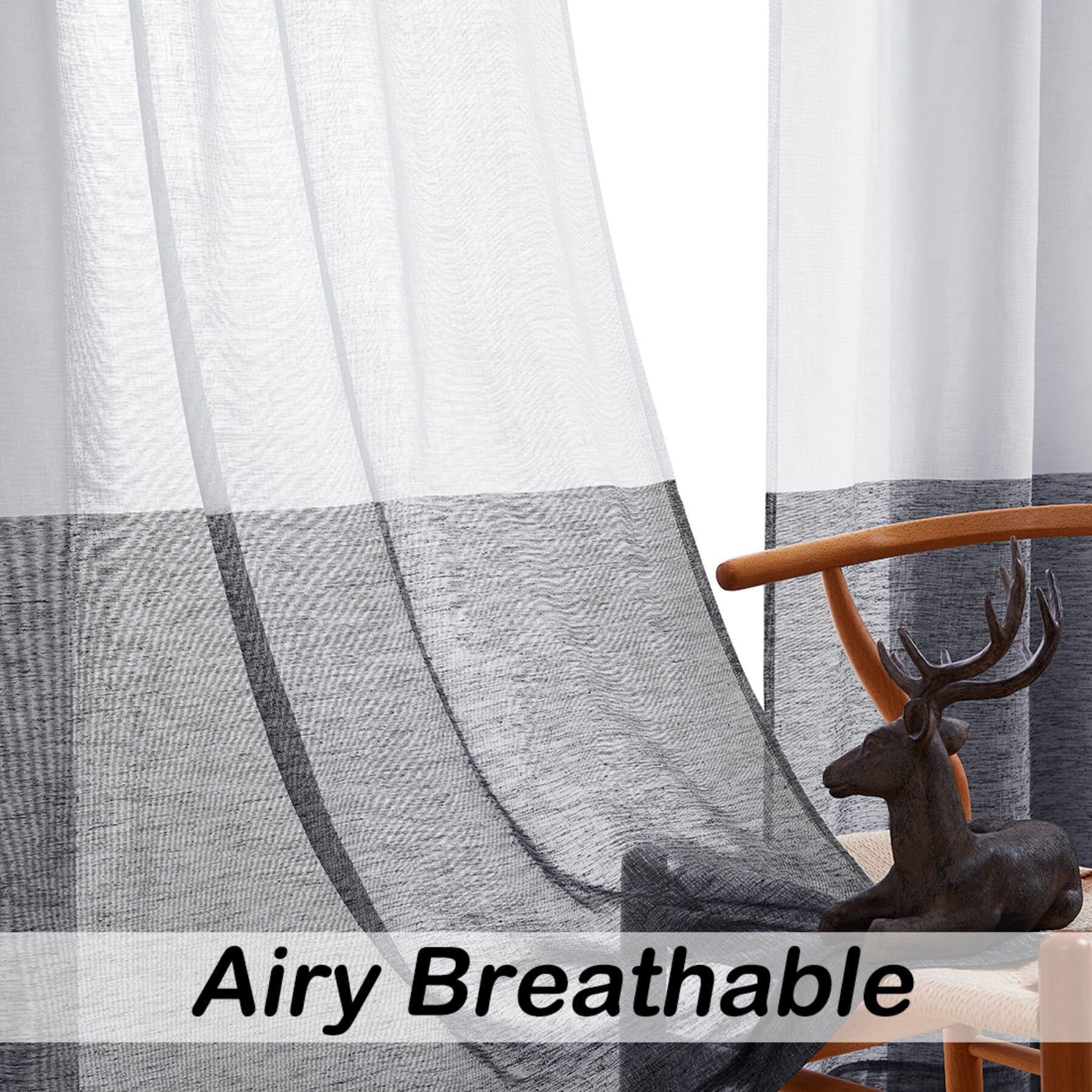 Uptown Home Black White Sheer Linen Rustic Drapes for Bedroom Color Block Filtering Light Window Curtain Panels with Rod Pocket, 50"x95"x2