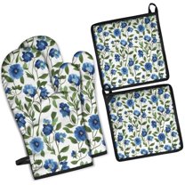 Blue Pioneer Flower Kitchen Oven Mitt and Pot Holder Sets 4 Pcs for Baking, Cooking and Grilling, Heat Resistant Up To 392 °F