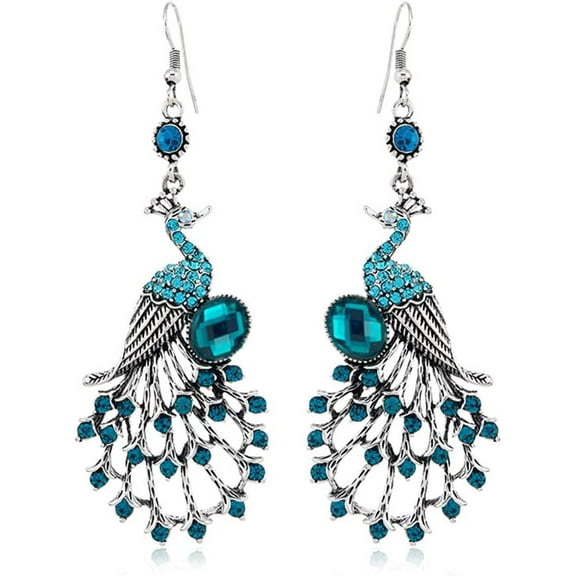 Vintage Peacock Dangle Earrings for Women Bohemian Blue Crystal Feather Peafowl Statement Drop Dangling Stud Earring Boho Xmas Birthday Holiday Wedding Jewelry Gifts for Her Bff Valentine's Day