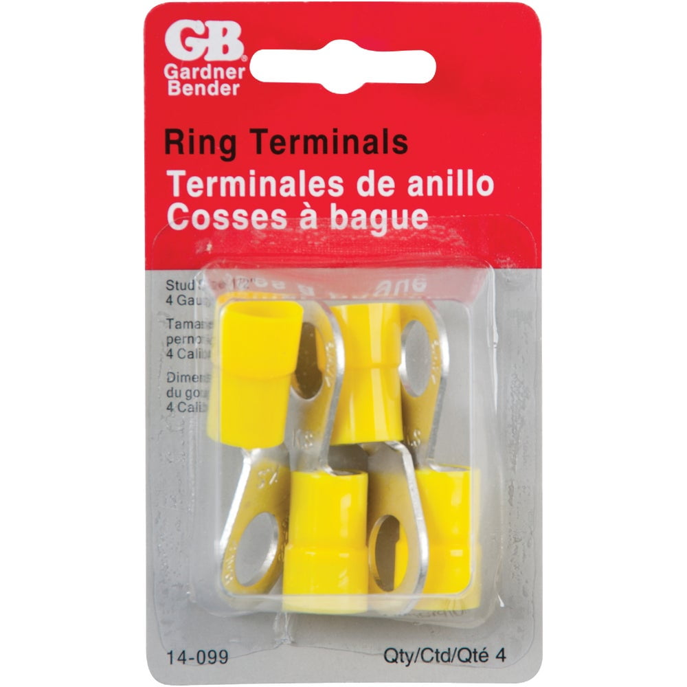 1PACK Gardner Bender 4 AWG 1/2 In. Stud Size Yellow VinylInsulated Barrel Ring Terminal (4Pack
