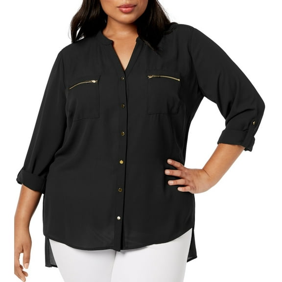 NY Collection Plus Size Tab Sleeve High Low Shirt Black 2X
