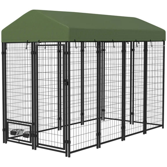 Topcobe Outdoor Dog Kennel with Rotating Bowl Holders, Pet Playpen with Waterproof Cover, 8' x 4' x 6', Outdoor Wooden Pet Shelter, Green