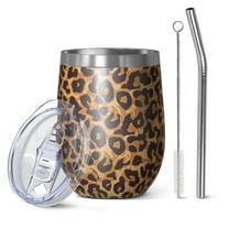 12oz Stemless Wine Tumblers Brown and Black Leopard Print Vacuum Insulated Stainless Steel Travel Tumbler Cups Mug with Lid and Straw for Champaign,Cocktail,Beer with Cleaning Brush