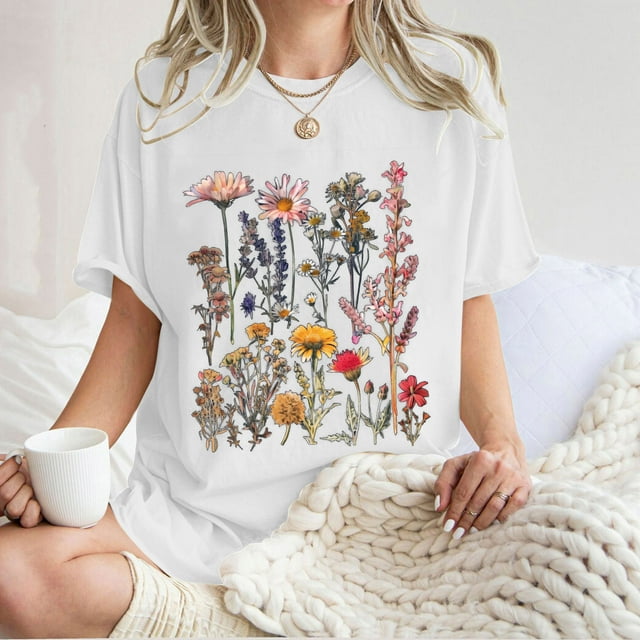 LOVZFMLL Women's Summer Tops Floral Pattern Short Sleeved Round Neck Drop Shoulder Sleeve T-shirt Top