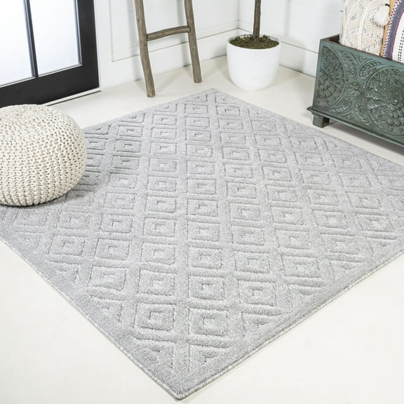 JONATHAN Y IBIZA 5' Square Area Rug, Portmany Neutral Diamond Trellis - Light Gray, IBZ104C-5SQ