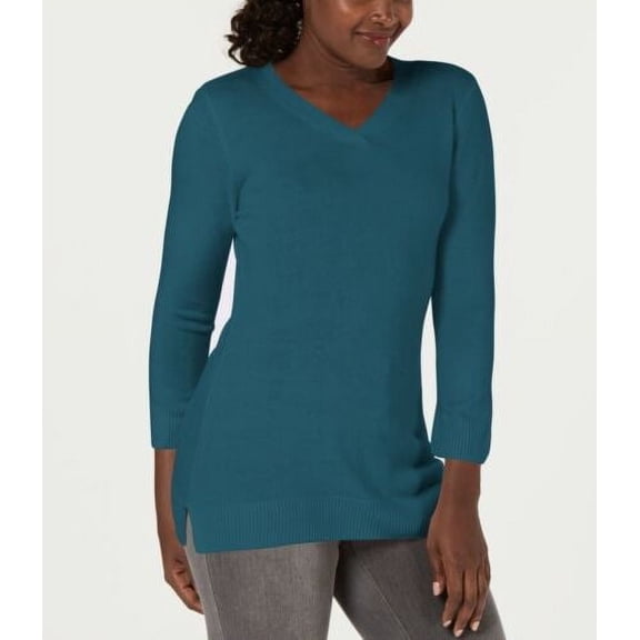 Karen Scott Women's Luxsoft V-Neck Sweater 3/4 Sleeve True Teal Top Size S