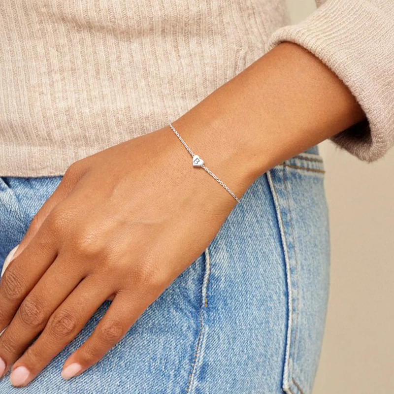 Women's Silver Bracelet, Initial Heart Charm Chain with Letter B | Silver
