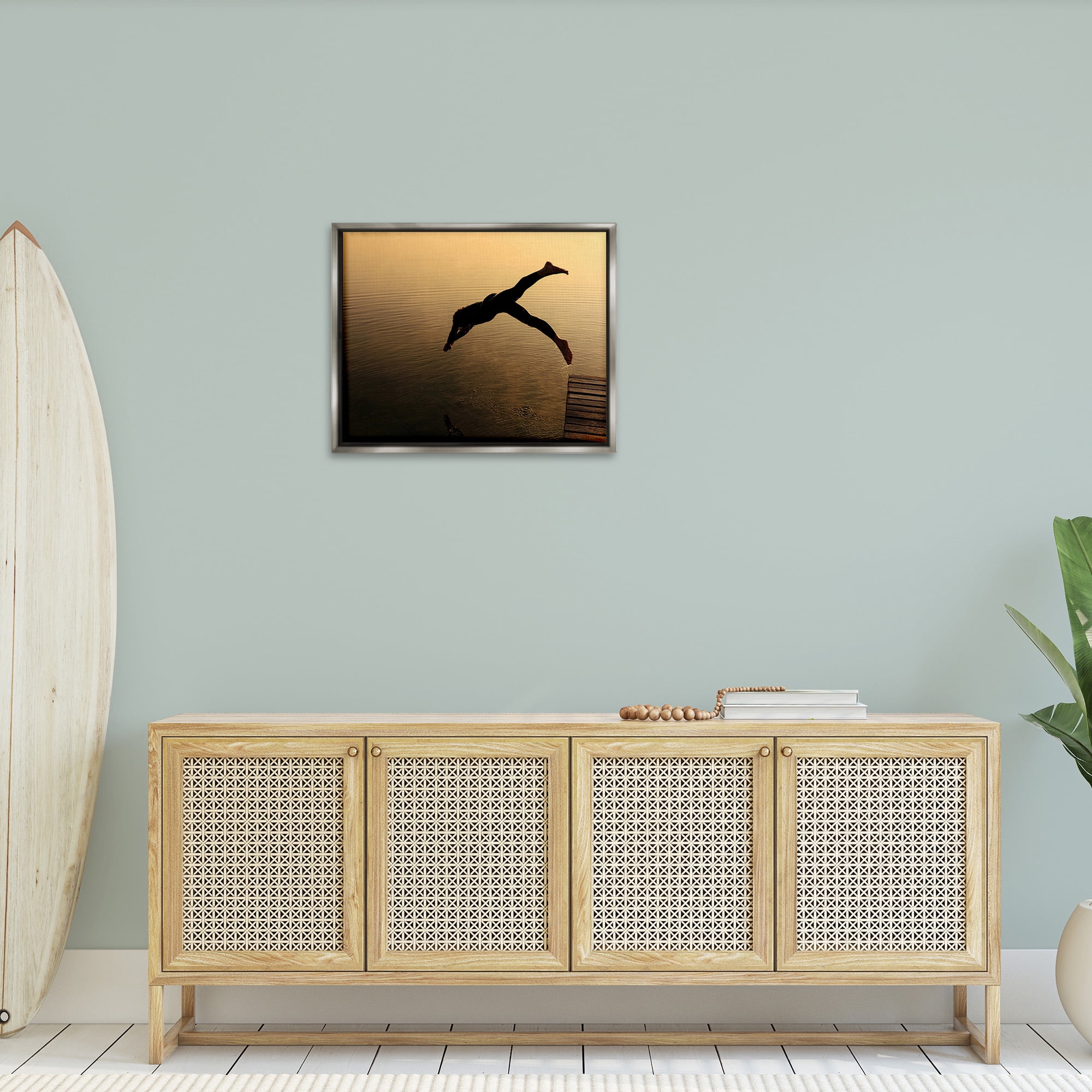 Stupell Industries Diving Off Dock Silhouette Novelty Photography Gray Floater Framed Canvas Art Print Wall Art, 31 x 25