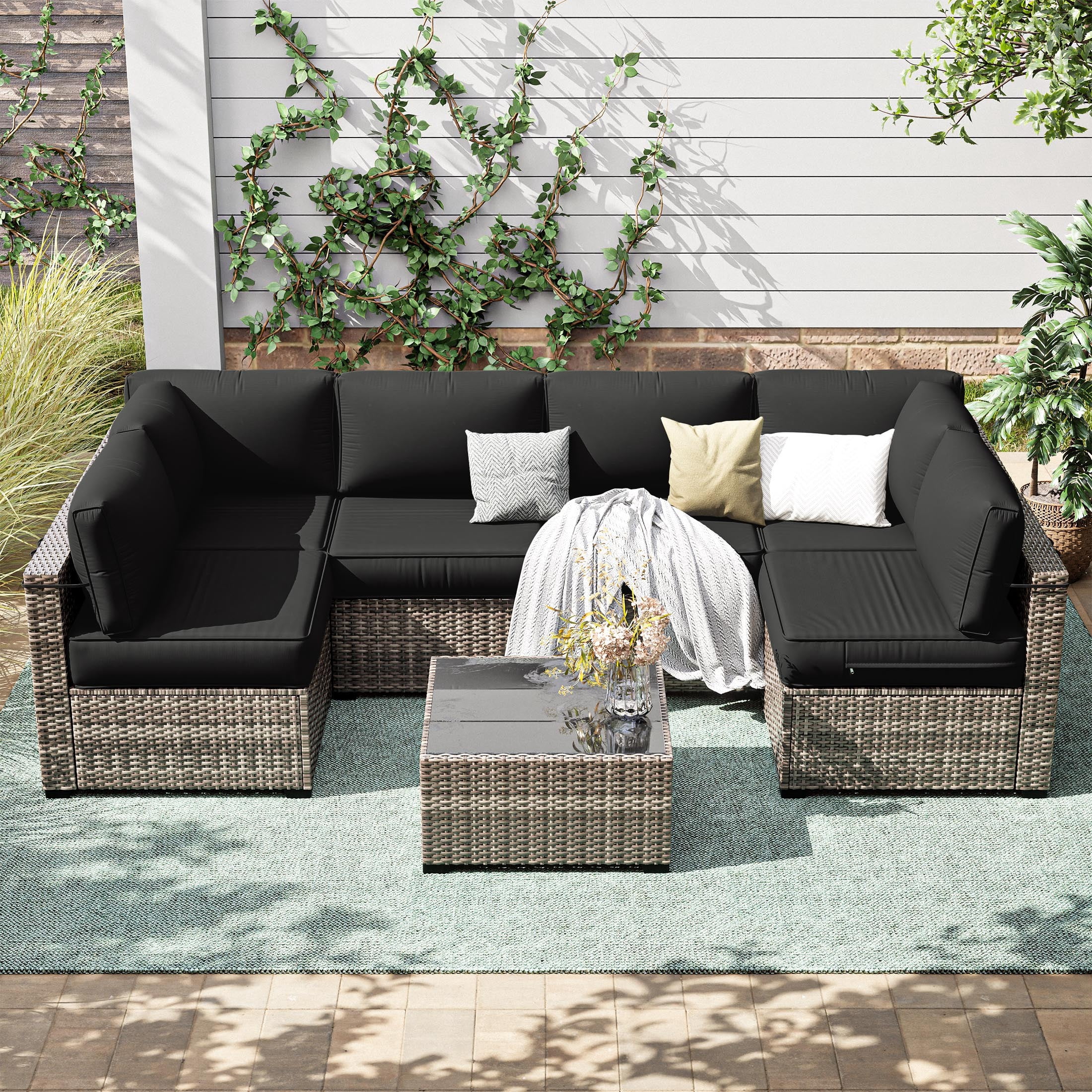 Snubbull 6-Seat Sectional Outdoor Patio Replacement Cushions Set, 25.5" x 25.5", 5" Foam High-Density, 14-Piece Water-Resistant Outdoor Cushion for Patio Conversation Sets, Liner&Cover, Black