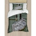 thumbnail image 3 of Hunting Duvet Cover Set Queen Size, Gone Hunting Written on Wooden Board Old Worn Out Cottage Door Seasonal Hobby Fun, Decorative 3 Piece Bedding Set with 2 Pillow Shams, Multicolor, by Ambesonne, 3 of 3