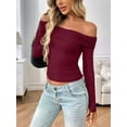 thumbnail image 2 of Womens Long Sleeve Off Shoulder Shirts Tight Fitted Y2K Ruched Tee Tops Blouses 2025 Trendy Outfits Wine Red XL, 2 of 7